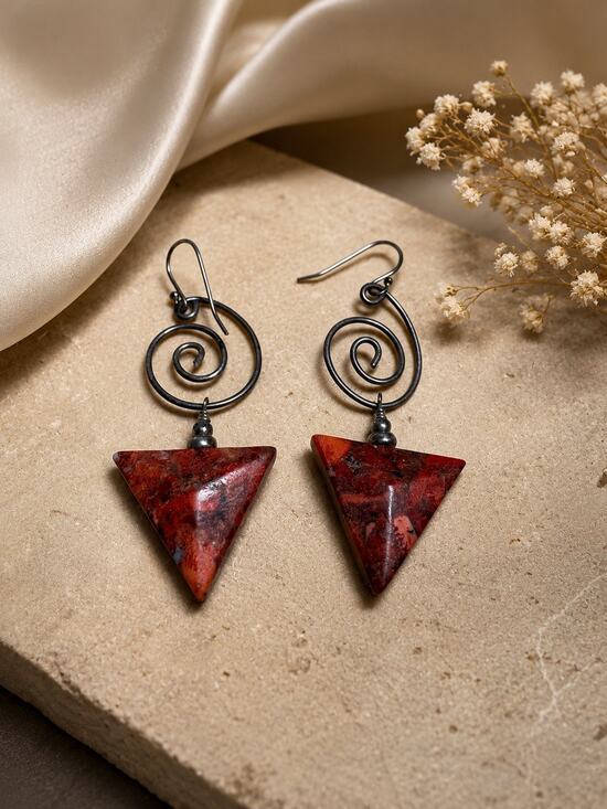 Unbranded Jewelry - Artisan 925 Sterling Silver Triangle Red Jasper Earrings Spiral Dangle Boho